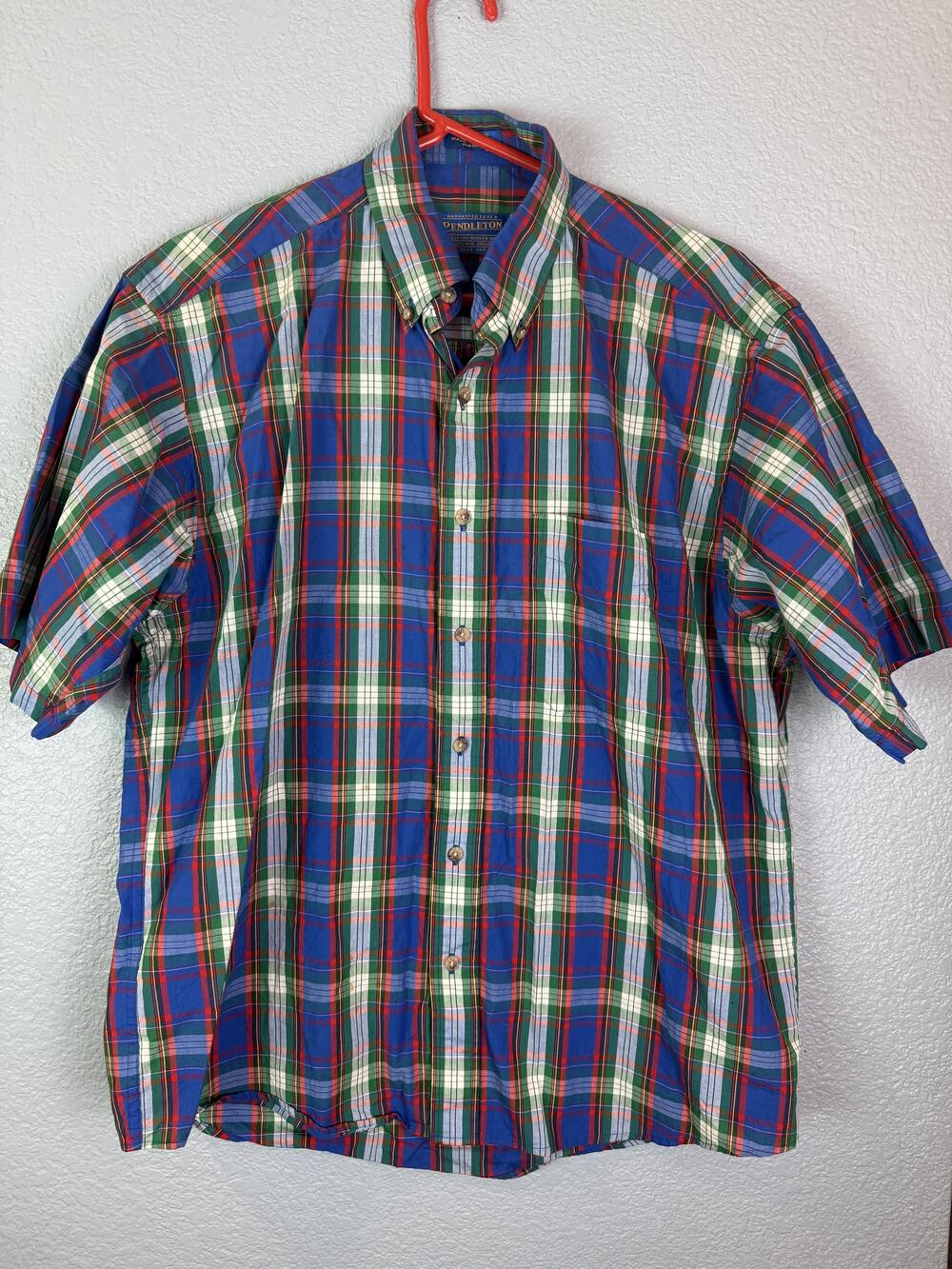 Pendleton Shirt Mens Medium Plaid Button Down Short Sleeve Red Blue Green Casual